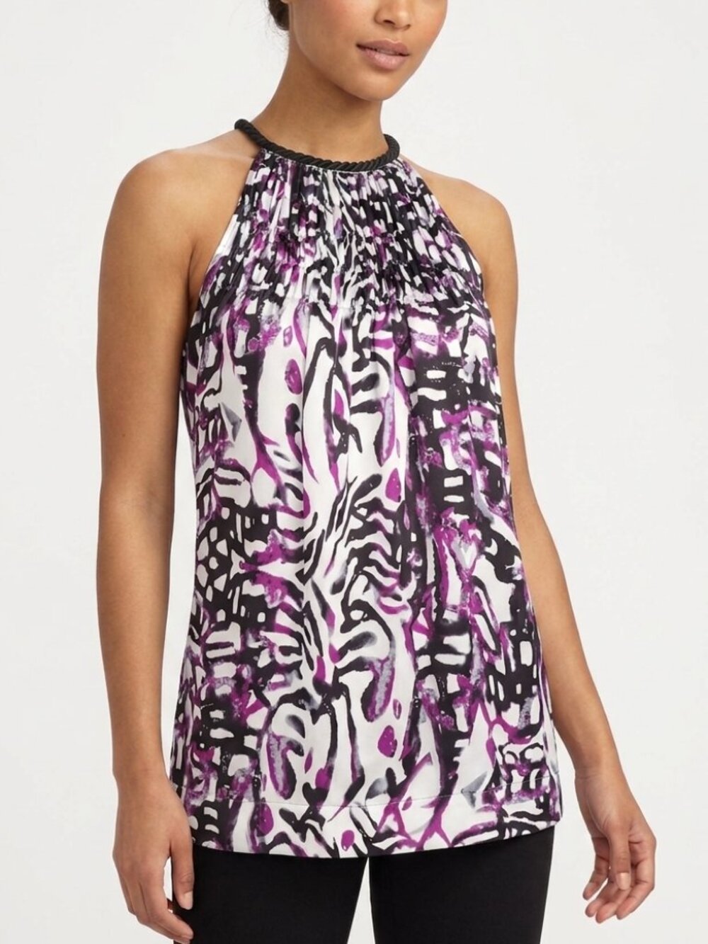 Violet & Claire Black Purple White Print Halter Top Women's Size M